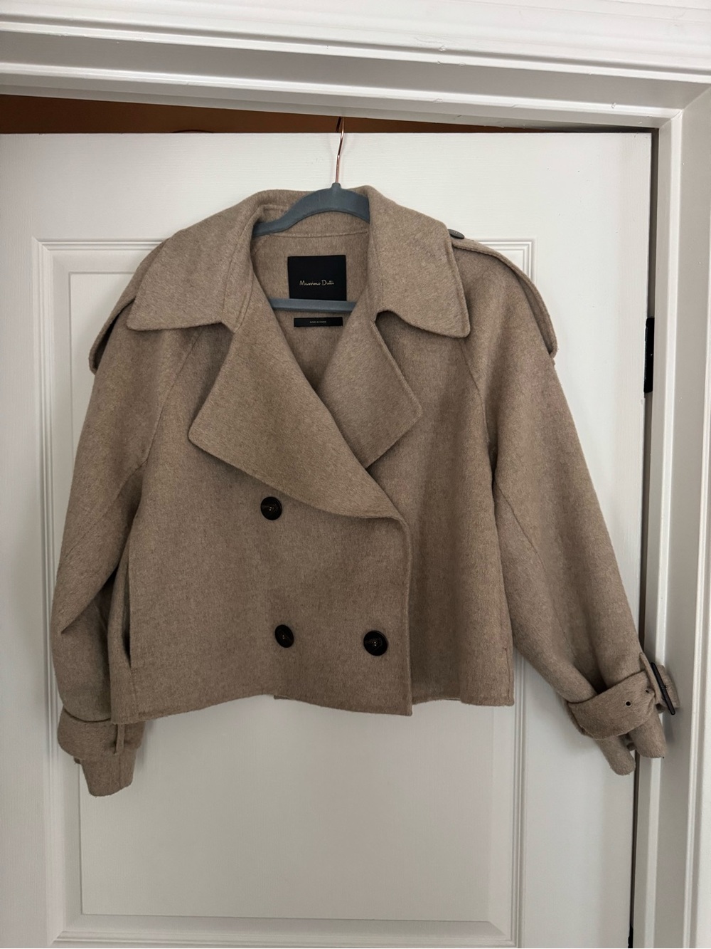 Massimo Dutti Tan Cropped Double-Breasted Wool Blend Peacoat